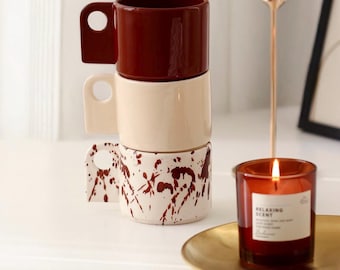 ハンドメイド陶器マグカップ3個セット｜200mlコーヒーマグセット｜積み重ね可能なキッチンギフト