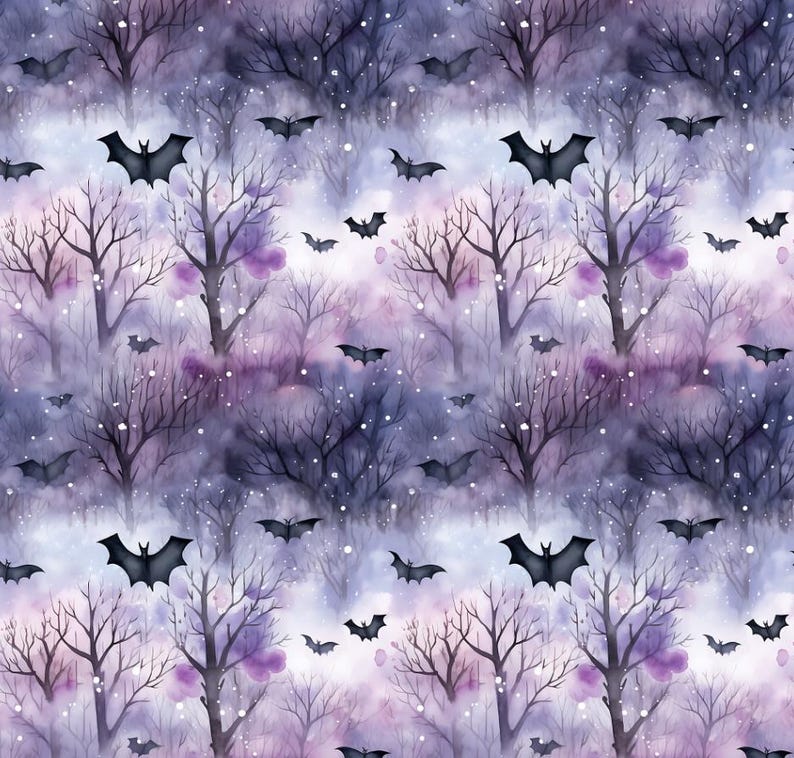 May include: A repeating pattern featuring a watercolor illustration of a spooky forest scene. Silhouetted bare trees and flying bats are set against a backdrop of purple, lavender, and white hues, creating a Halloween theme.