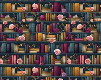Cottagecore Bookshelf Fabric, Literary Print Cotton Fabric, Dark Academia Fabric for Sewing, Book Lover Gift, Quilting, By Half Yard