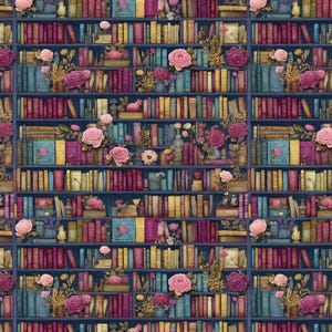 Puede incluir: Patrón repetido de una estantería llena de libros de varios colores, incluyendo turquesa, dorado y burdeos. Las estanterías están adornadas con rosas rosas y pequeños ramos, creando un tema floral vintage.