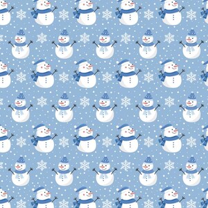May include: A repeating pattern of snowmen and snowflakes on a light blue background. Each snowman has a blue hat, scarf, and twig arms. White snowflakes and small white dots are scattered throughout the design, creating a winter theme.