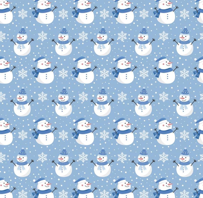 May include: A repeating pattern of snowmen and snowflakes on a light blue background. Each snowman has a blue hat, scarf, and twig arms. White snowflakes and small white dots are scattered throughout the design, creating a winter theme.