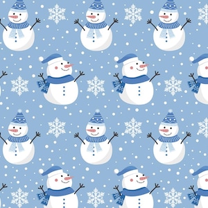 May include: A repeating pattern of snowmen and snowflakes on a light blue background. Each snowman has a blue hat, scarf, and twig arms. White snowflakes and small white dots are scattered throughout the design.