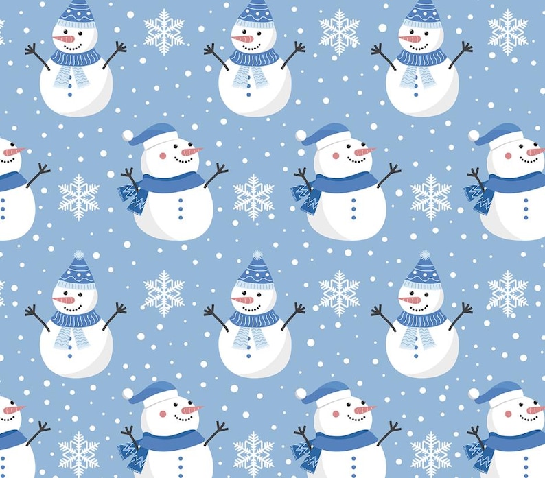 May include: A repeating pattern of snowmen and snowflakes on a light blue background. Each snowman has a blue hat, scarf, and twig arms. White snowflakes and small white dots are scattered throughout the design.