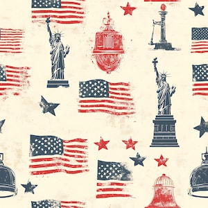 May include: A repeating pattern featuring distressed illustrations of the American flag, the Statue of Liberty, stars, and a bell-shaped structure in red, white, and blue. The design has a vintage, patriotic aesthetic.