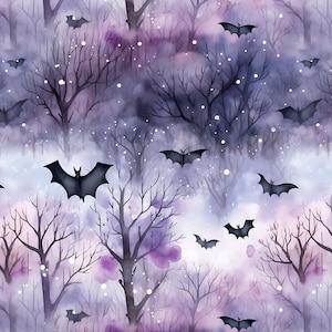 May include: Watercolor illustration of a spooky forest scene with bare trees and flying bats. The background features a gradient of purple, lavender, and white, with small white dots scattered throughout. The bats are black.