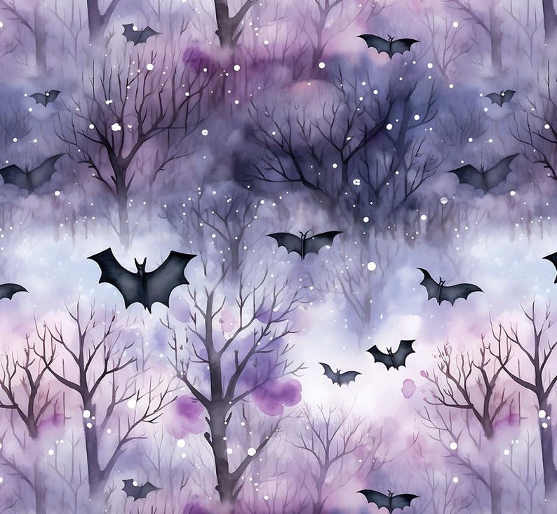 May include: Watercolor illustration of a spooky forest scene with bare trees and flying bats. The background features a gradient of purple, lavender, and white, with small white dots scattered throughout. The bats are black.