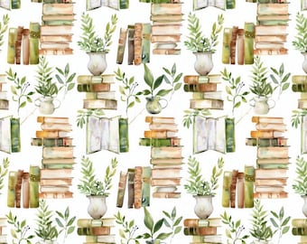 Watercolor Bookshelf Fabric, Cotton Fabric, Fabric for Sewing, Book Lover Gift, Quilting, By Half Yard