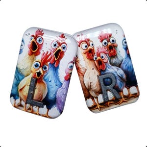 May include: Two rectangular decorative magnets with a cartoon chicken design. One magnet has the letter "L" and the other has the letter "R". The chickens are in various colors, including yellow, blue, and red.