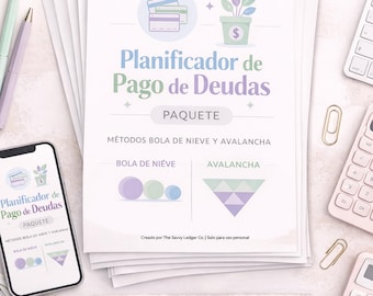 May include: A stack of white papers with the title "Debt Payment Tracker" and "Debt Payment Planner" in purple and green. The image includes a smartphone, pens, calculators, and cash. The text includes "Snowball and Avalanche Methods."