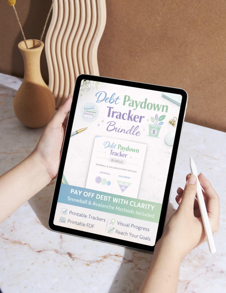 May include: A digital tablet displaying a "Debt Paydown Tracker Bundle" with the text "Pay Off Debt With Clarity." The screen shows options for printable trackers, visual progress, and reaching goals. A stylus is held nearby.
