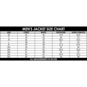 May include: A black and white Men's Jacket Size Chart. The chart includes sizes XS to 6XL, with chest measurements from 42 to 69 inches, waist measurements from 40 to 65 inches, shoulder measurements from 19.5 to 24 inches, and sleeve lengths from 23.5 to 28 inches. All measurements are in inches.