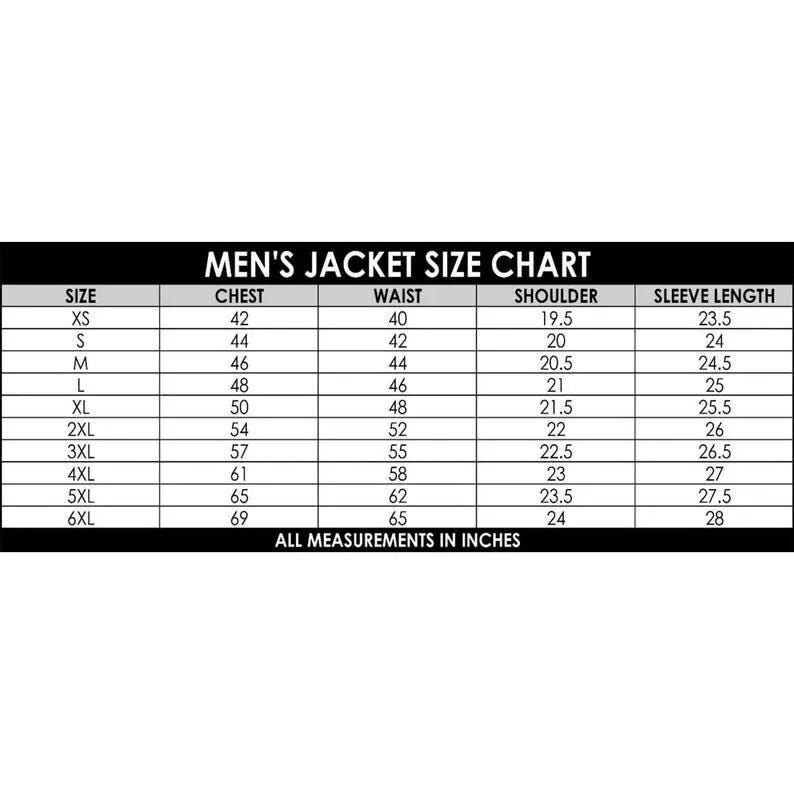 May include: A black and white Men's Jacket Size Chart. The chart includes sizes XS to 6XL, with chest measurements from 42 to 69 inches, waist measurements from 40 to 65 inches, shoulder measurements from 19.5 to 24 inches, and sleeve lengths from 23.5 to 28 inches. All measurements are in inches.