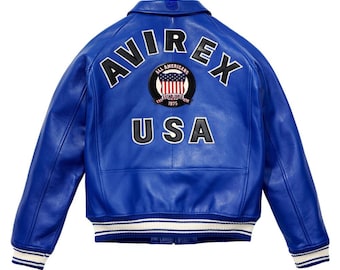 Handmade Avirex Blue Leather Bomber Jacket – Retro Aviator Flight Jacket