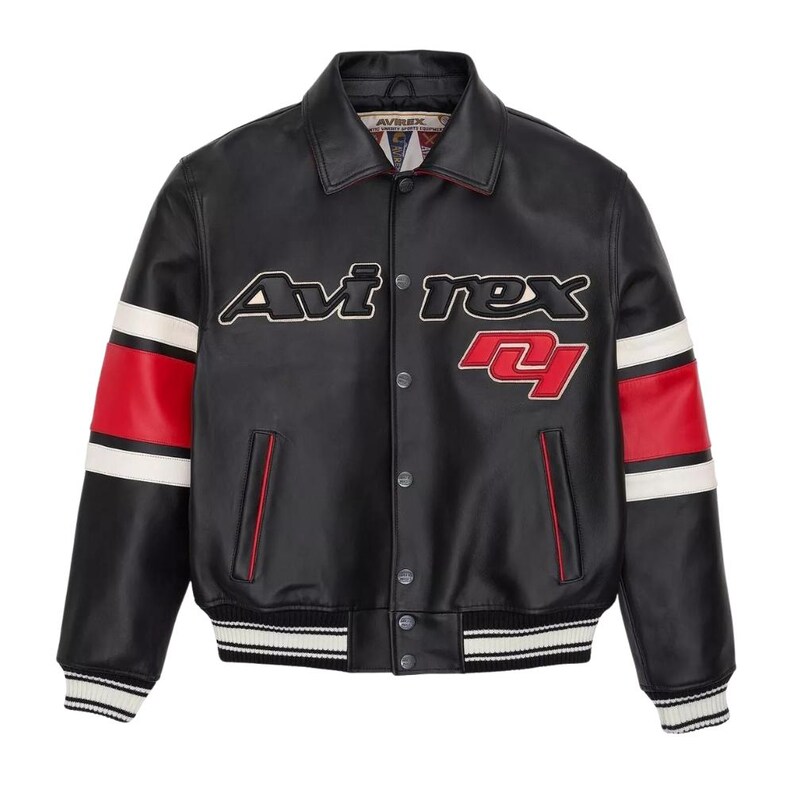 May include: Black leather jacket with the text "Avirex" in white and red lettering. The jacket features red and white stripes on the sleeves and a white and black striped hem and cuffs. The number "4" is displayed in red.