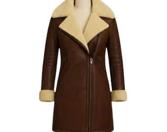 Women’s Brown Shearling Sheepskin Leather Jacket | Fur Lined Biker Aviator Coat | Handmade Winter Outerwear
