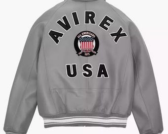 Handmade Avirex Gray Cowhide Leather Bomber Jacket – Retro Aviator Streetwear