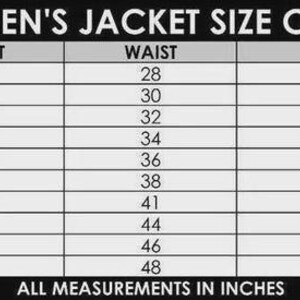 May include: A black and white chart titled "WOMEN'S JACKET SIZE CHART" with measurements in inches. The chart includes sizes XS to 6XL, with corresponding chest, waist, hip, and sleeve length measurements. The text "ALL MEASUREMENTS IN INCHES" is at the bottom.