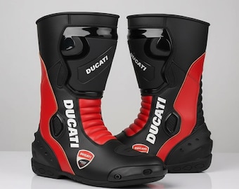 Handcrafted Red & Black Motorcycle Racing Boots – Genuine Leather MotoGP Riding Gear – Track Day Protective Sportbike Shoes
