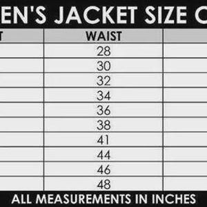 May include: A black and white chart titled "WOMEN'S JACKET SIZE CHART" with measurements in inches. The chart includes sizes XS to 6XL, with corresponding chest, waist, hip, and sleeve length measurements. The text "ALL MEASUREMENTS IN INCHES" is at the bottom.