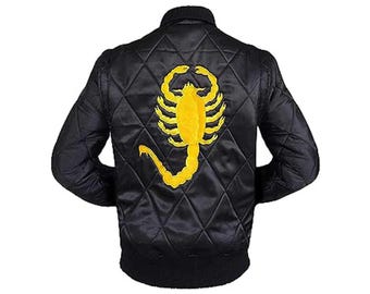 Handmade Men’s Black Scorpion Satin Bomber Jacket | Drive Inspired Varsity Biker Jacket | Lightweight Casual Wear