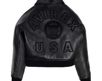 Handmade AVIREX Triple Black USA Edition cowhide Leather Bomber Jacket | Stylish Streetwear Jacket