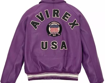 Handmade Avirex Purple Cowhide Leather Bomber Jacket – Retro Aviator Streetwear
