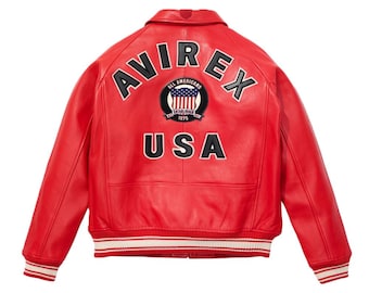 Handmade Avirex Red Leather Bomber Jacket | Genuine Cowhide Aviator Jacket
