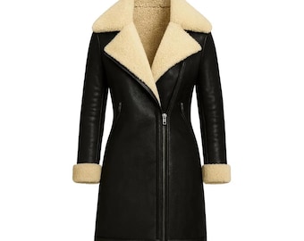Women’s Black Shearling Aviator Leather Jacket – Handmade Sheepskin Biker Coat  Fur Lined Winter Fashion