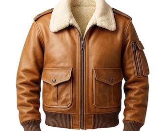 Men’s Classic Brown Shearling Leather Bomber Jacket | Handmade Sheepskin Winter Coat | Rugged Aviator Style
