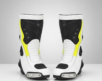 Handmade White Black Neon Motorcycle Boots – CE Approved cowhide Leather MotoGP Riding Gear | Track Day Protective Sportbike Racing Shoes