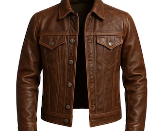 Handmade Brown Leather Biker Jacket | Sheepskin Trucker Style for Men