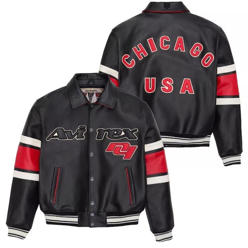 May include: Black leather jacket with red and white accents. Features the text "Avi rex" and a red "4" on the front. The back displays "CHICAGO USA" in red lettering. Includes a button-up closure and a striped hem.