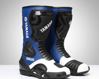 Handmade Yamaha Bike Boots | CE Approved Cowhide Leather MotoGP Riding Gear | Motorcycle Blue & White Track Day Boots Custom Motorbike Shoes