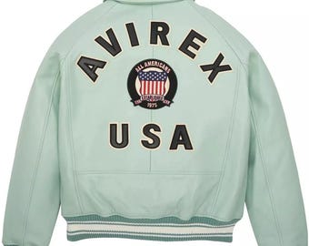 Handmade Avirex Light Green Cowhide Leather Bomber Jacket – Retro Streetwear