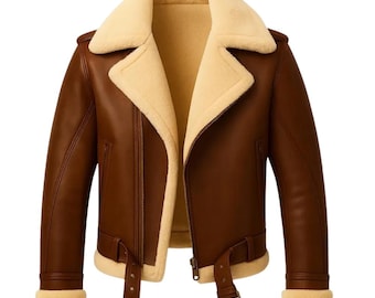Men’s Brown Shearling Bomber Jacket – Handmade Sheepskin Aviator Coat | Motorcycle Winter Outerwear