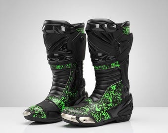 Handmade Black & Green Ninja Motorcycle Boots – CE Approved Genuine Leather MotoGP Riding Gear – Racing Track Day Protective Shoes