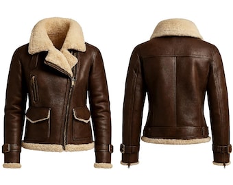 Women’s Brown Shearling Bomber Leather Jacket – Handmade Sheepskin Aviator Coat Warm Winter Outerwear