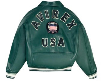 Chaqueta bomber de cuero verde Avirex hecha a mano: chaqueta de aviador retro
