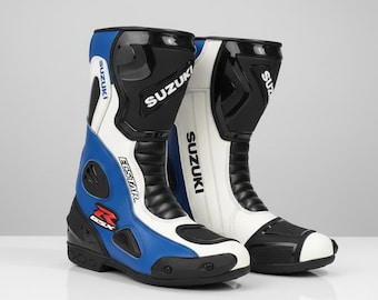 Handcrafted Suzuki GSX-R Racing Boots | CE Approved Genuine Leather MotoGP Riding Gear | Custom Blue Motorcycle shoes