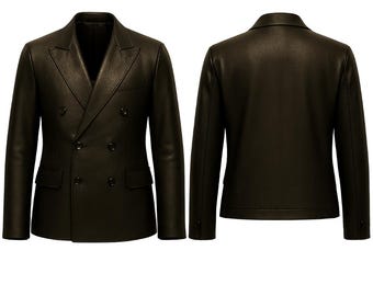 Men’s Handmade Black Leather Blazer – Double-Breasted Tailored Jacket, Elegant Formal & Urban Fashion
