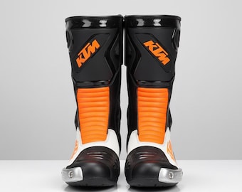 Handmade KTM Orange White Black Racing Boots – CE Approved Cowhide Leather MotoGP Riding Gear – Track Day Protective Motorcycle Shoes