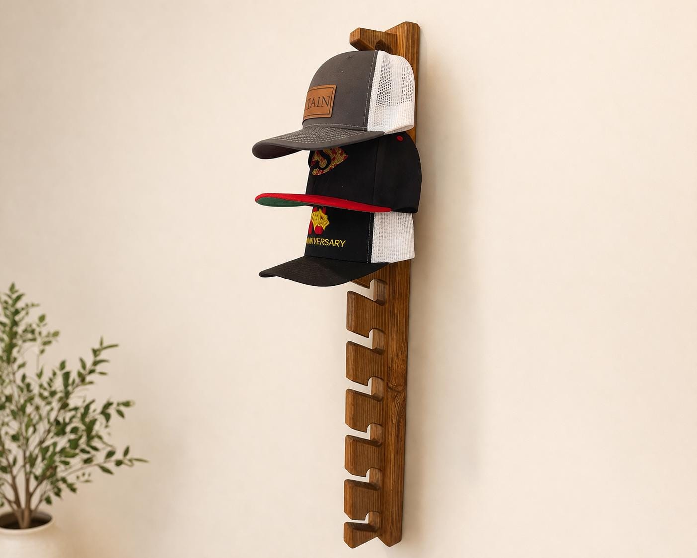Handmade Wood Hat Rack, Wall Mounted 10 Hat Holder, Hat Storage Rack ...