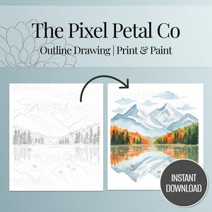 Autumn Mountain Watercolor Outline  | Print and Paint Template (PDF & PNG Instant Download)
