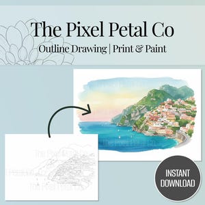 Modello di contorno/stampa e pittura per acquerello della Costiera Amalfitana (download immediato di PDF e PNG)
