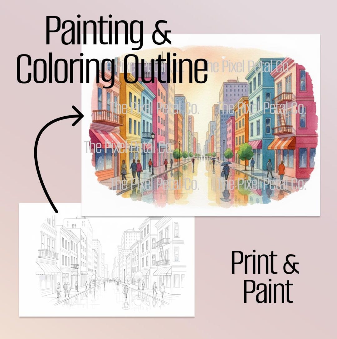 Cityscape Coloring Page for Adults: Printable Urban Sketch Outline ...