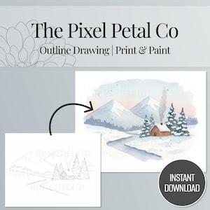 Winter Mountain Watercolor Outline | Print and Paint Template (PDF & PNG Instant Download)