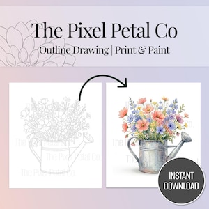 Könnte beinhalten: Ein Bild mit einem floralen Design. Die linke Seite zeigt eine Schwarz-Weiß-Strichzeichnung von Blumen in einer Gießkanne. Die rechte Seite zeigt ein Aquarellgemälde derselben Blumen in einer Gießkanne mit einer Vielzahl von Farben. Der Text lautet "The Pixel Petal Co."