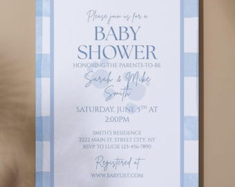 Uitnodiging babyshower met blauwe gingang, jongensthema (bewerkbare sjabloon)