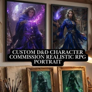 Könnte beinhalten: Zwei gerahmte Fantasy-Kunstdrucke mit weiblichen Charakteren mit magischen Kräften. Die oberen Drucke zeigen Frauen in lila und blauen Roben mit leuchtender Energie. Die unteren Drucke zeigen gepanzerte Figuren. Text: CUSTOM D&D CHARACTER COMMISSION REALISTIC RPG PORTRAIT.